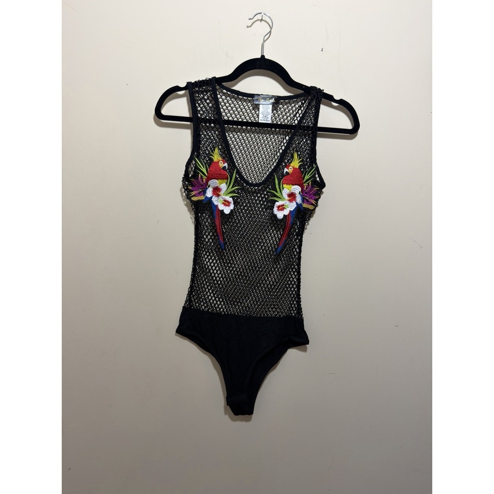 Top Chic Black Mesh Bodysuit Embroidered Parrot Tropical Floral Fishnet Y2K M